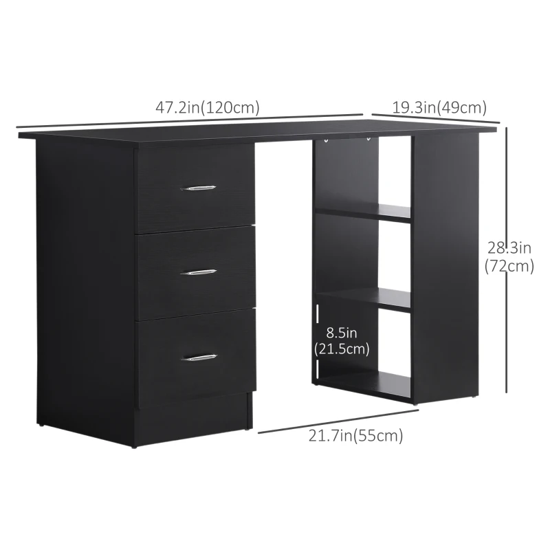 HOMCOM Computer Desk, 47" Writing Table with 3-Tier Shelves and 3 Reversible Drawers for Home Office, Bedroom, Black