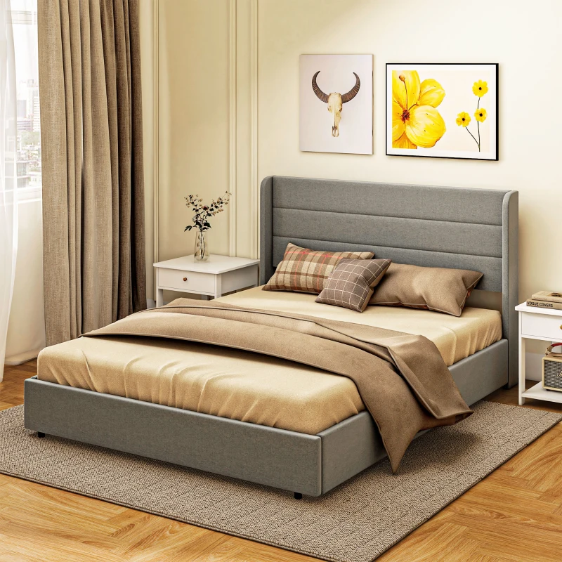 HOMCOM Queen Bed Frame with Storage Drawers, Queen Size Bed Base with Headboard, Wood Slats, Noise-Free, Light Gray