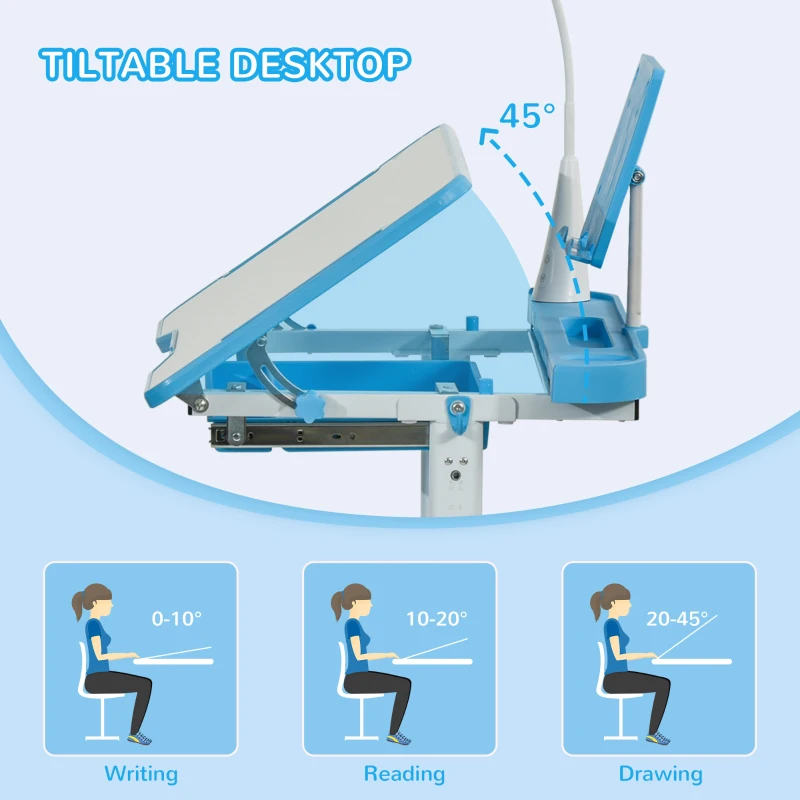 Qaba Kids Desk and Chair Set, Height Adjustable School Study Table and Chair, Student Writing Desk with Tilt Desktop, LED Light, Pen Box, Drawer, Reading Board, Cup Holder, and Pen Slots, Blue