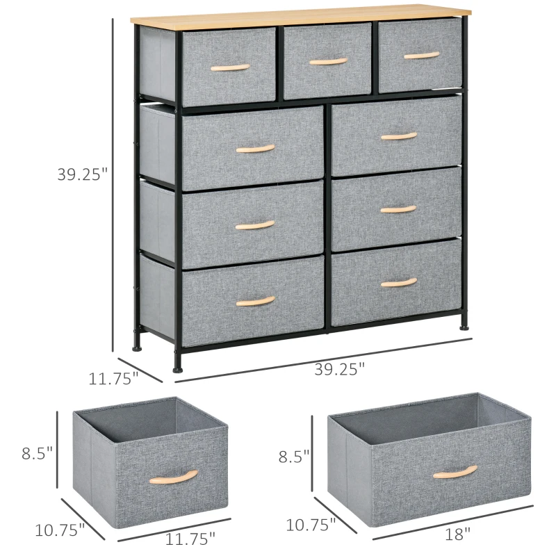 HOMCOM 9 Drawers Storage Chest Dresser Organizer Unit w/ Steel Frame, Wood Top, Easy Pull Fabric Bins, for Hallway, Closet, Entryway, Oak & Grey