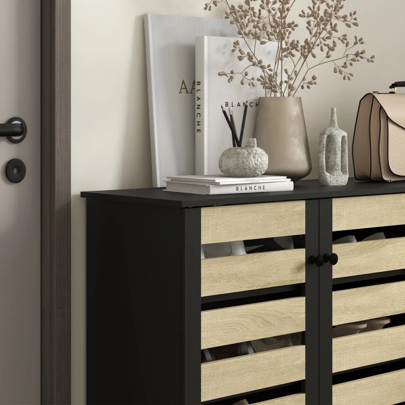 HOMCOM Shoe Cabinet with 3 Slatted Doors, 3-tier Shelving Rack Cabinet with Adjustable Shelves for 15 Pairs of Shoes, Black