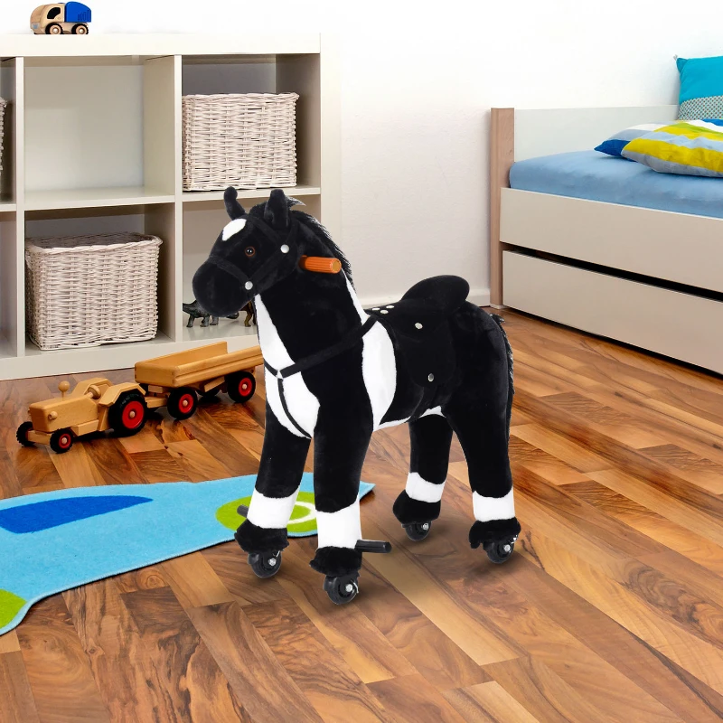 Qaba Kids Plush Ride On Toy Walking Horse with Wheels and Realistic Sounds, 30"H, Black