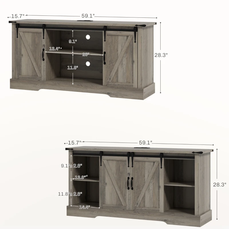 HOMCOM Sideboard with Charging Station, Farmhouse Coffee Bar Cabinet with Sliding Barn Door, TV Stand for TVs Up to 65", Gray