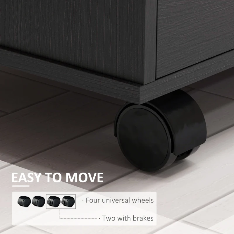 HOMCOM Modern Lateral Filing Cabinet, 3 Drawer File Cabinet for Letter and A4 Size Documents, Mobile, Printer Stand with Open Shelves, Rolling Wheels, Black