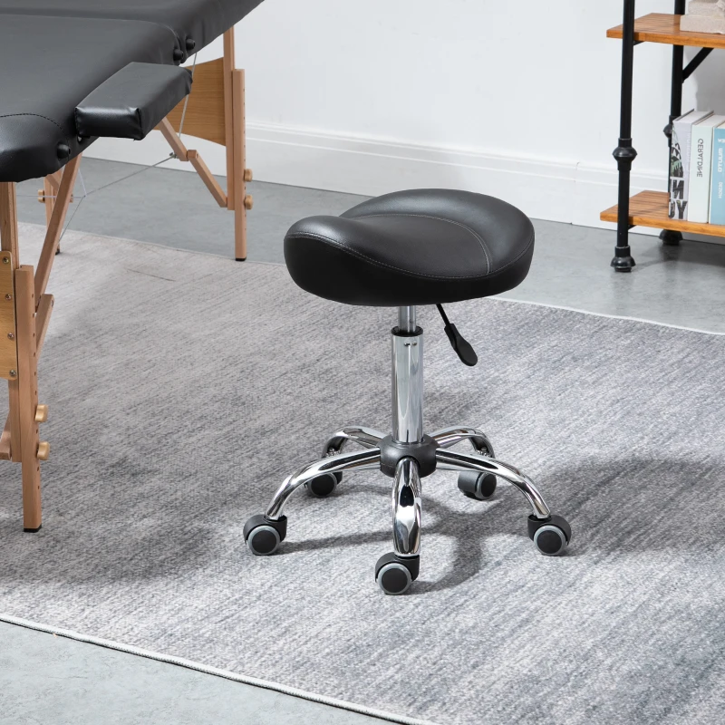 HOMCOM Saddle Stool, Height Adjustable Rolling Salon Chair with PU Leather for Massage, Spa, Clinic, Beauty and Tattoo, Black