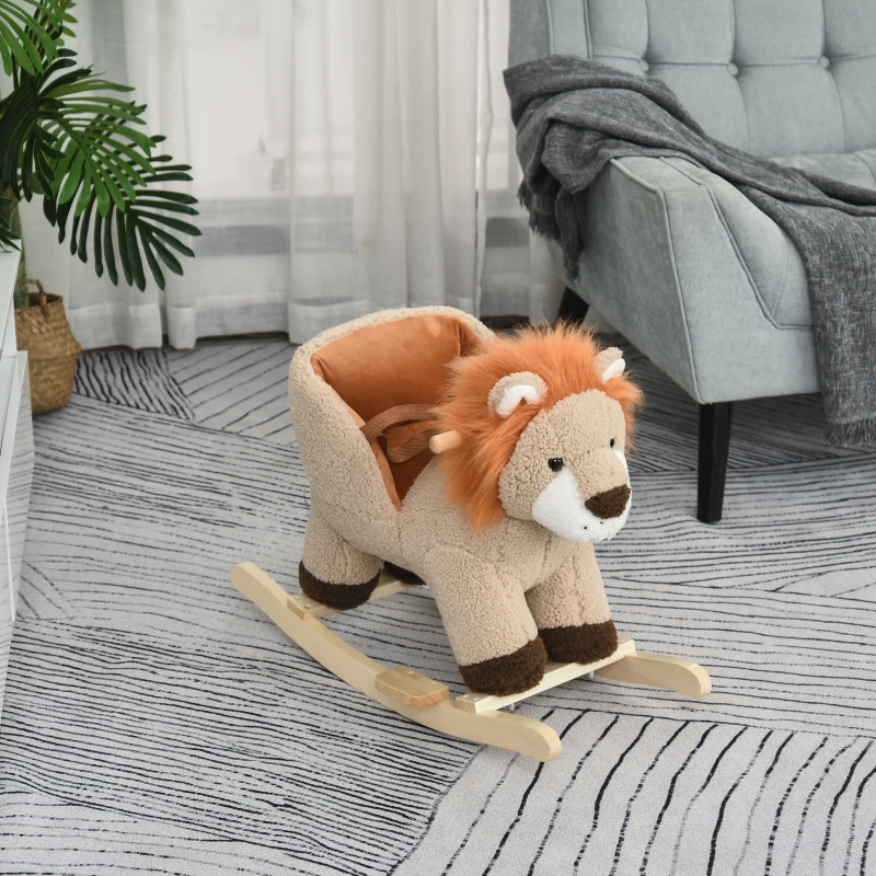 Qaba Baby Rocking Horse Lion Design Plush Stuffed Rocking Chair, Wooden Rocking Horse with Sound, Seat Belt for Boys and Girls Gift, Brown