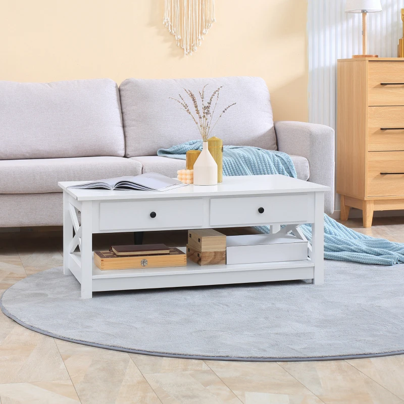 HOMCOM Coffee Table with Storage, Farmhouse Living Room Table with Drawers and Open Shelf, Centre Table with X-frames, White