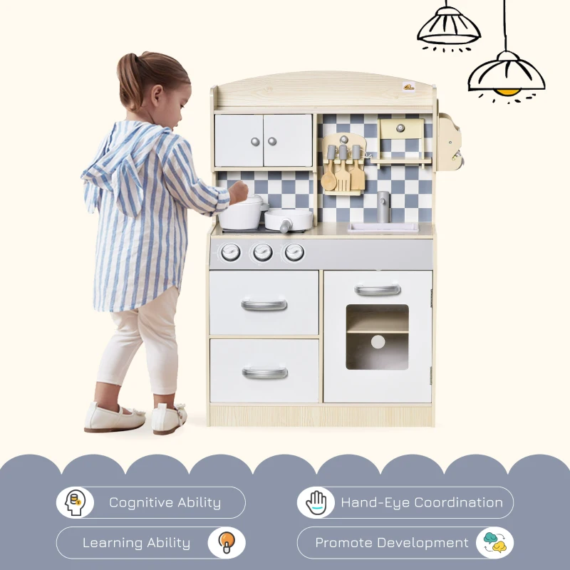 Qaba Kids Wooden Play Kitchen Set, Pretend Cooking Toy with Drawers, Faucet, Sink, Pots, Natural Wood