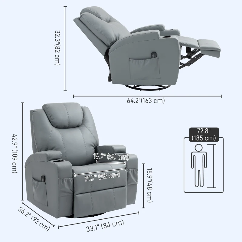 HOMCOM Massage Recliner Chair Leather Swivel Rocker Manual Reclining Chair with 8 Vibration Points, Cup Holders, Light Grey