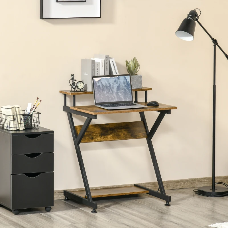 HOMCOM 28" Compact Computer Desk, Industrial Z-Shaped Writing Desk with Monitor Shelf and Storage, Workstation for Home Office