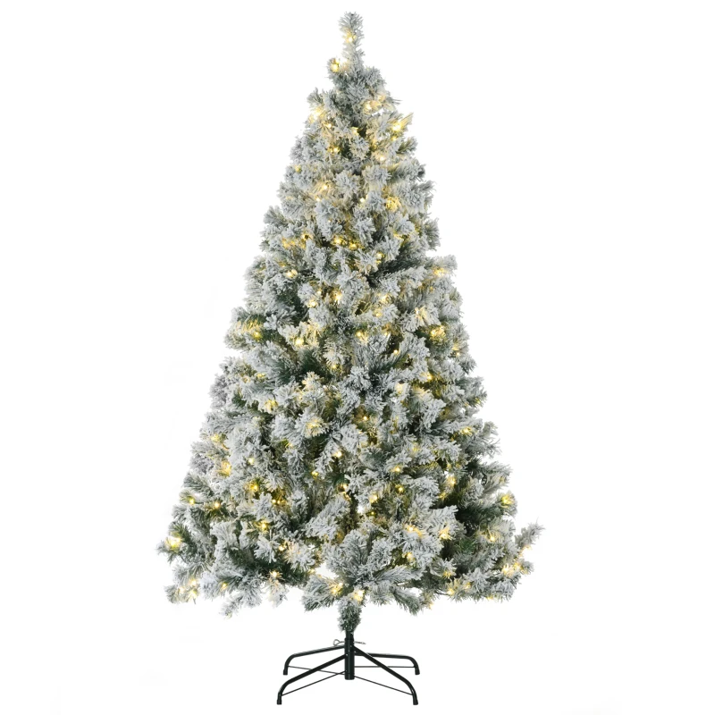 HOMCOM 6' Artificial Snow Christmas Trees with Frosted Branches, Warm White or Colorful LED Lights, Steel Base