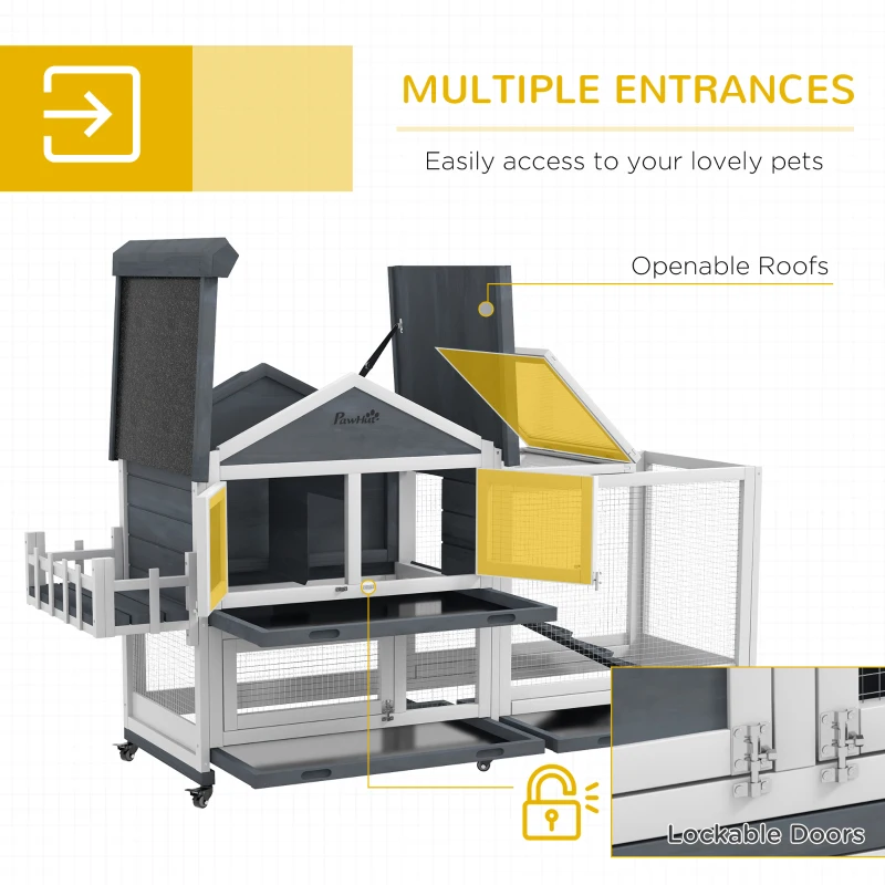 PawHut 65" Wooden Rabbit Hutch, Pet Playpen with Openable Roof & Storage Box for Rabbits and Small Animals, Gray