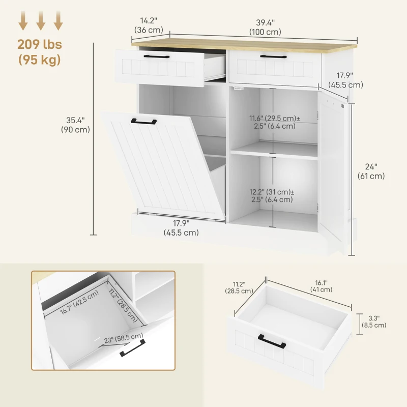 HOMCOM Hidden Garbage Bin Cabinet, Tilt Out Trash Cabinet w/ 2 Drawers, Freestanding Kitchen Island for Laundry, White