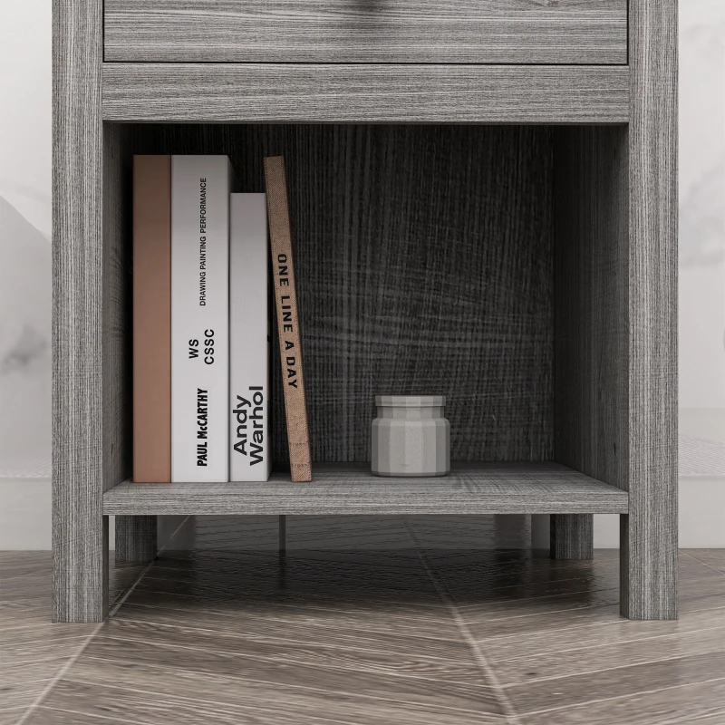 HOMCOM Bedside Table, Farmhouse Nightstand with with Drawer and Storage Shelf, Night Table for Bedroom, Grey