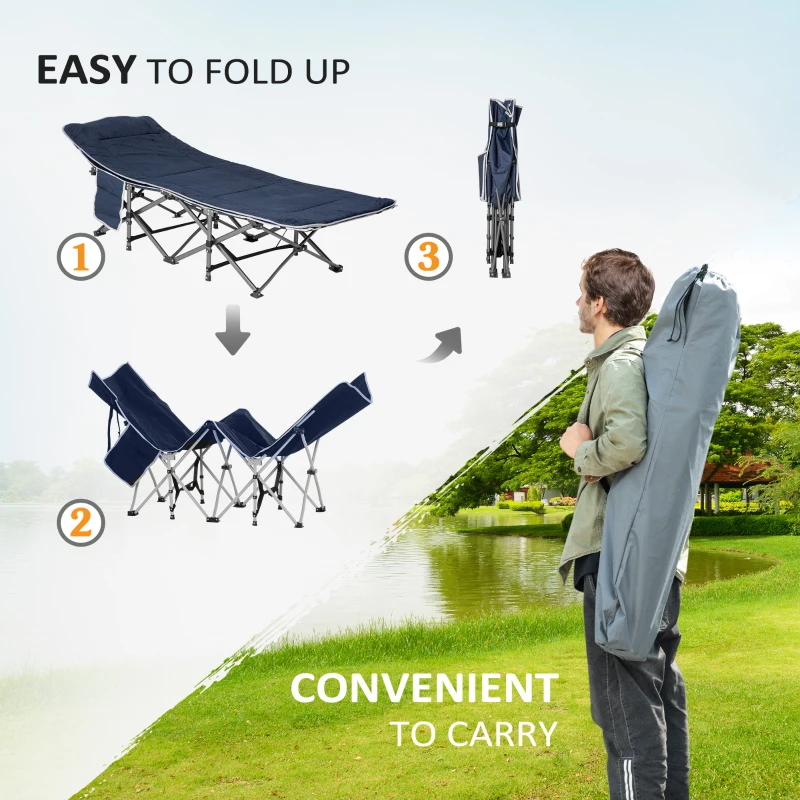 Outsunny Folding Camping Cot, Double Layer Heavy Duty Sleeping Cot with Carry Bag, Headrest, 2-Sided Reversible Mattress, Portable & Lightweight Cot Bed, Blue