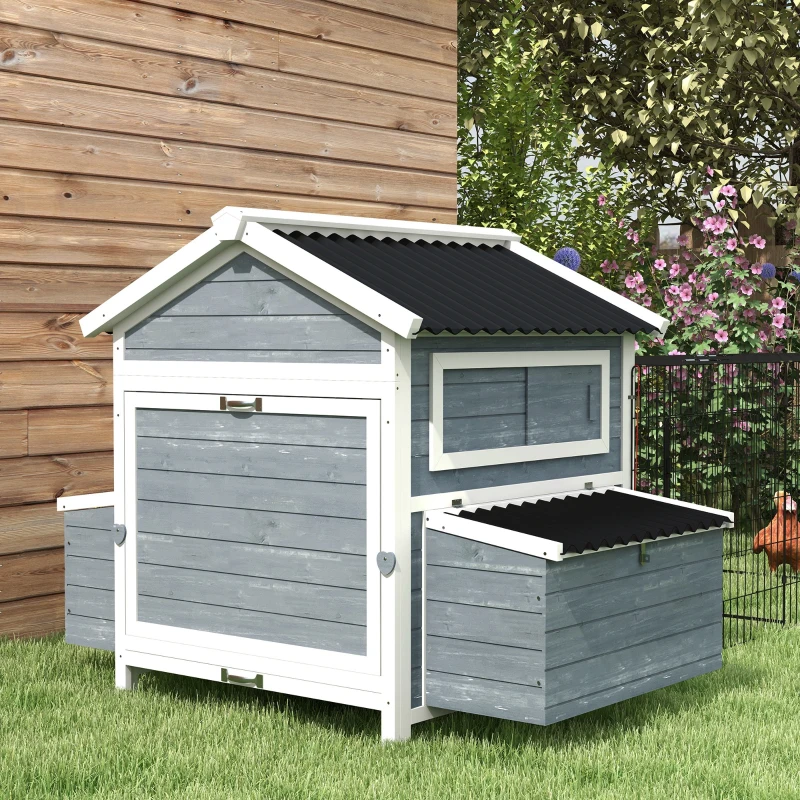 PawHut 11' x 5' x 3.5' Wooden Chicken Coop with Nesting Box, Run, Pull-out Tray, Perches for 2-4 Chickens, Dark Gray