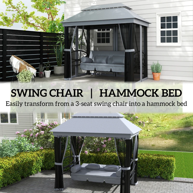Outsunny 3-Seat Patio Swing Chair, Outdoor Gazebo Swing with Double Tier Canopy, Mesh Sidewalls, Cushioned Seat and Pillows, Gray