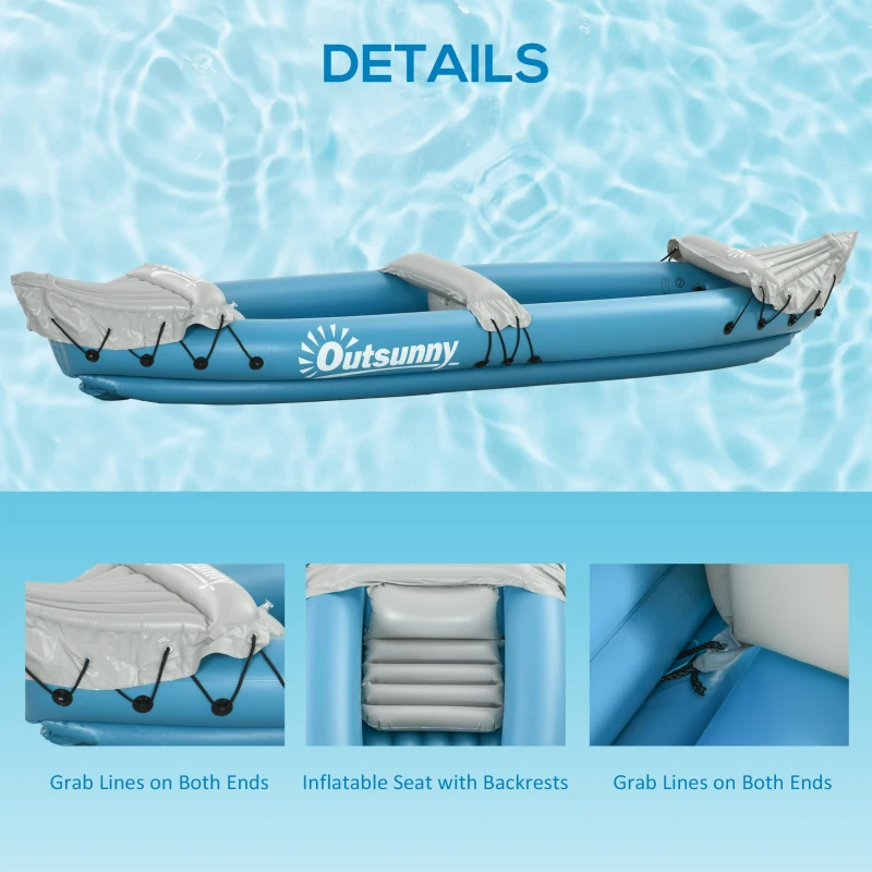 Outsunny K2 Kayak, 2 Person Inflatable Kayak, Includes Paddles, Aluminum Oars, Repair Kit, Portable Tandem Blow Up Boat, Blue