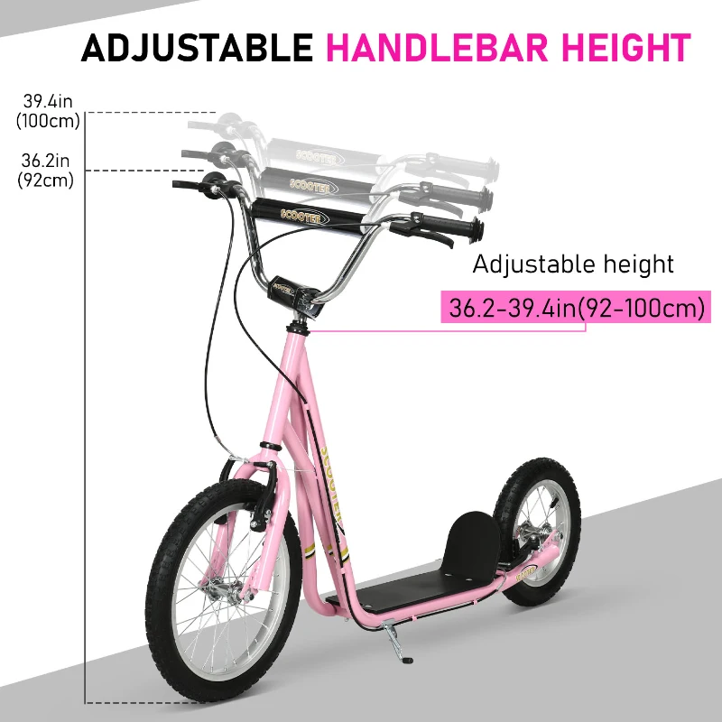 HOMCOM Kick Scooter for Children 5+ Years, Adjustable Height, with Large Inflatable Wheels, Dual Brakes - Pink