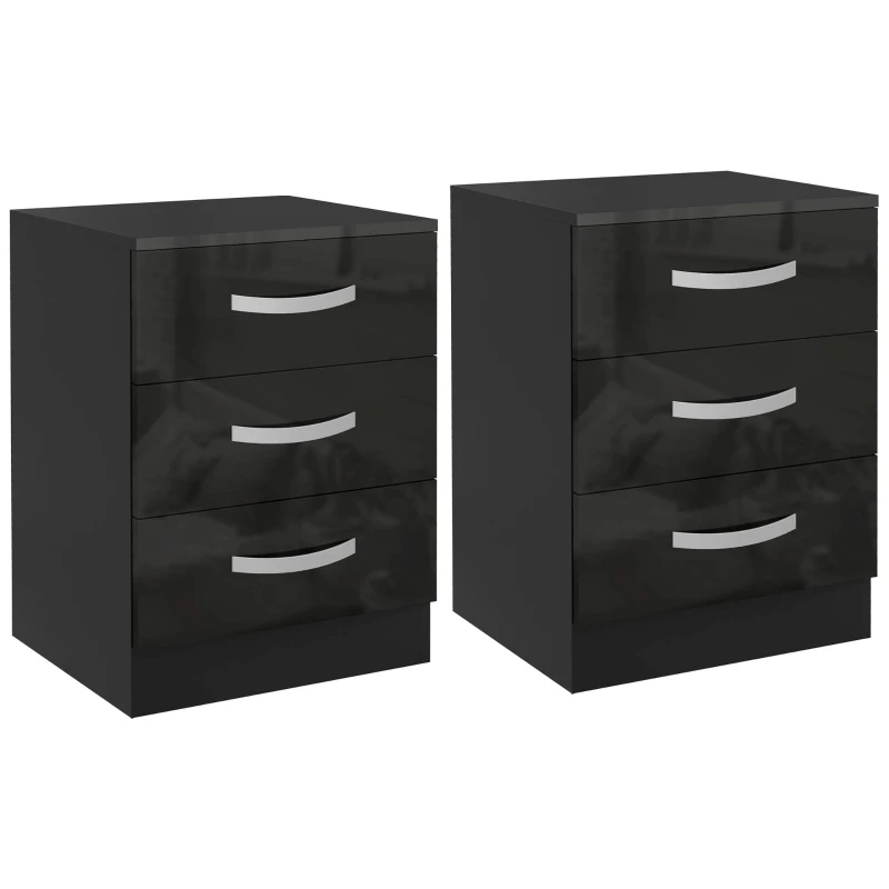 HOMCOM Bedside Table Set of 2, Modern Nightstand with Drawers and High Gloss Fronts, Night Table for Bedroom, Black