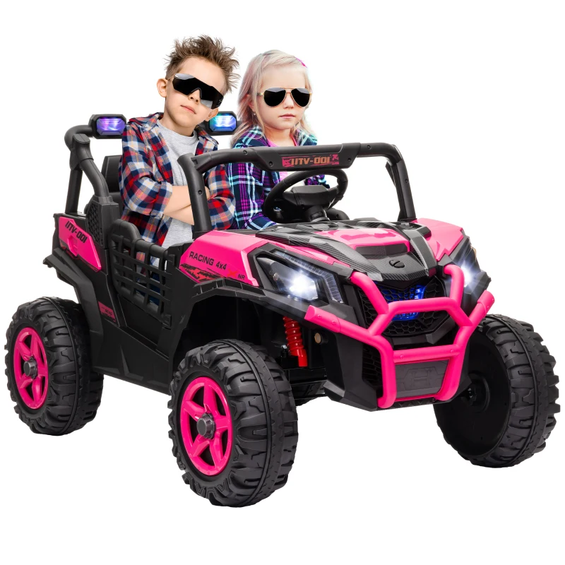 Qaba 2 Seater 24V Electric Car for Kids w/ Remote Control, 3 Speed, LED Lights, Music, Horn, Spring Suspension, Pink
