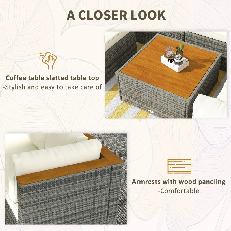Outsunny 7 Pieces Outdoor Patio Furniture Set, PE Rattan Wicker Sectional Sofa Set with Cushions, Coffee Table, White