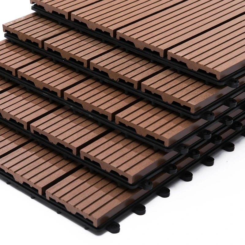 Outsunny 11 Pcs Plastic Interlocking Deck Tiles, 12" x 12" Non-slip Flooring Tiles for Indoor Outdoor Patio Balcony, Light Brown