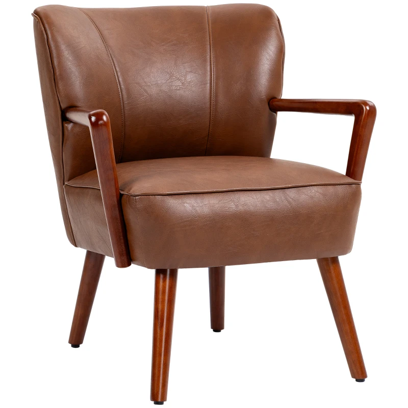 HOMCOM Accent Chair, Modern Armchair, Faux Leather Upholstered Living Room Chair with Wood Legs and Wide Padded Seat, Brown