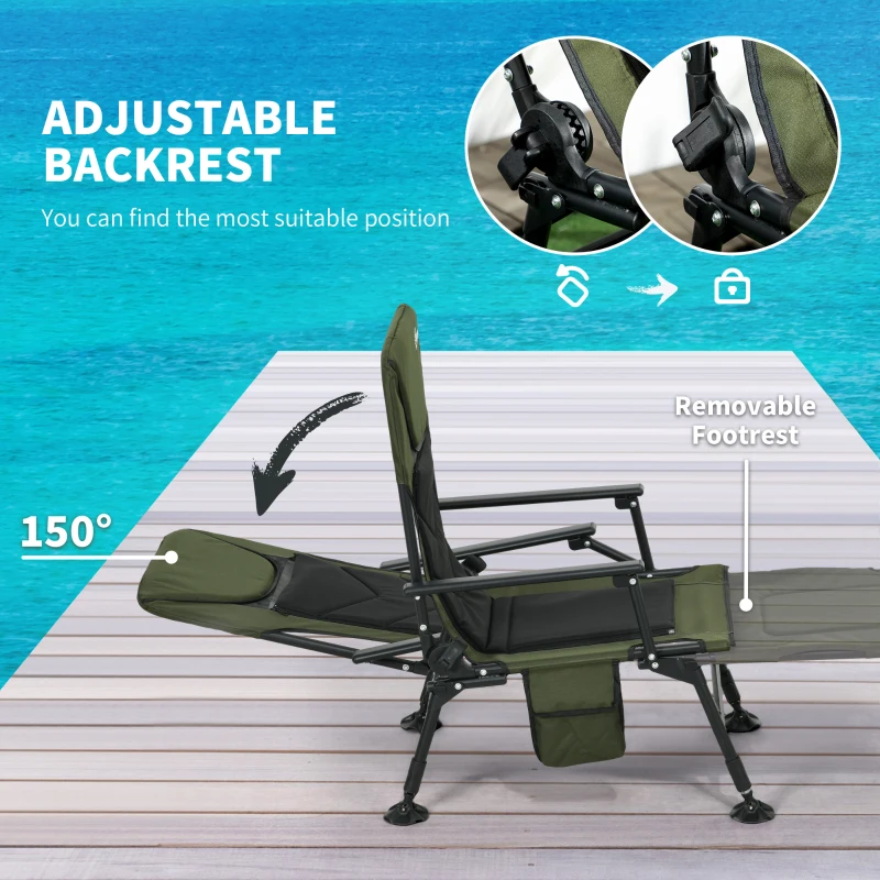 Outsunny Folding Fishing Chair, 330 lb Heavy Duty Camping Chair with Reclining Backrest, Footrest, Adjustable Legs, Dark Green