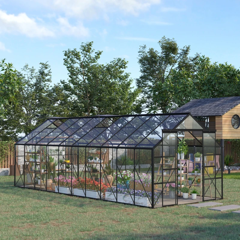 Outsunny 20' x 8' Aluminum Greenhouse Polycarbonate Walk-in Garden Greenhouse Kit with Adjustable Roof Vent, Rain Gutter and Sliding Door for Winter, Clear(m-2)