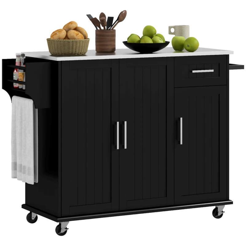 HOMCOM Kitchen Island with Wheels, Kitchen Island on Wheels with Drawer, 3 Cabinets, Stainless Steel Countertop, Black