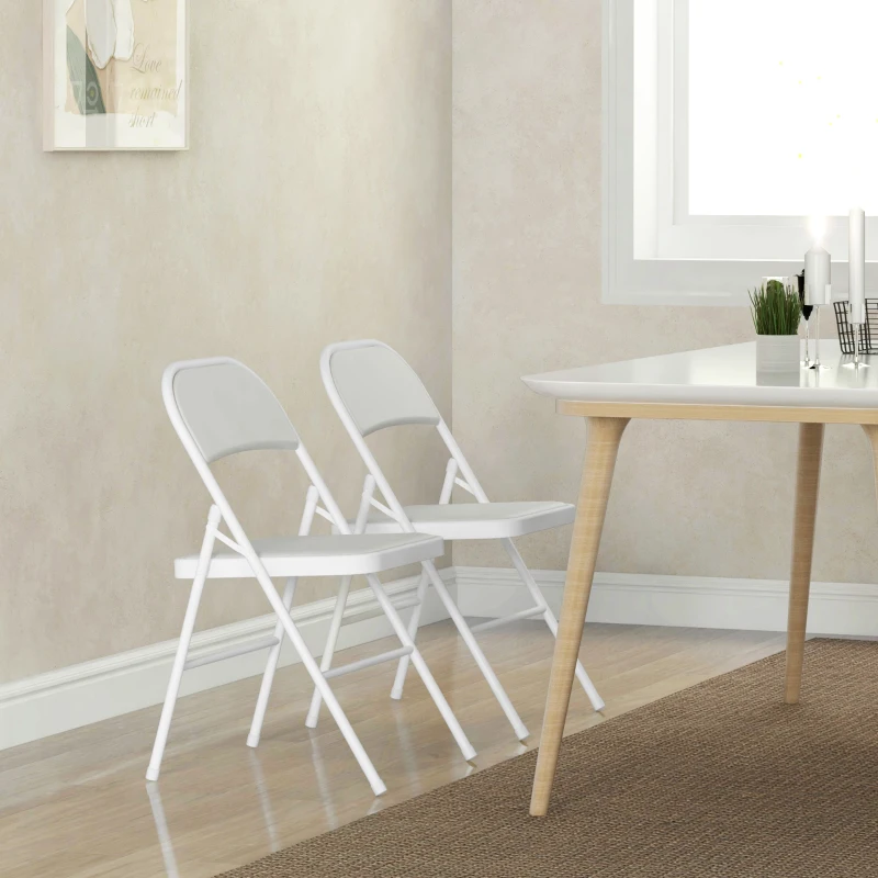 HOMCOM Set of 2 Metal Foldable Chairs, PU Leather Padded Folding Chairs with Cushion Seat and Open Back for Indoor, White