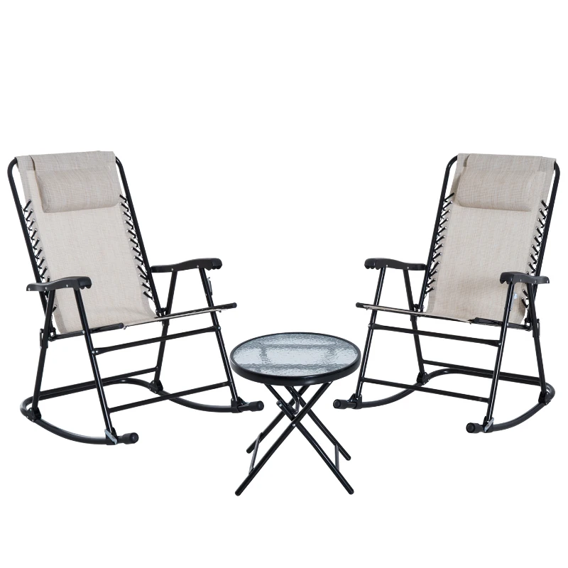 Outsunny 3 Piece Outdoor Rocking Chair Set, Patio Folding Lawn Rocker Set with Glass Coffee Table, Headrests for Yard, Patio, Deck, Backyard, Cream White