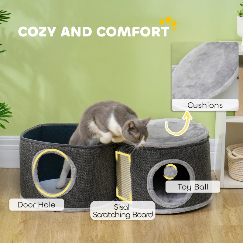 PawHut 2-Story Cat Condo Barrel Tree with Top Perch, 2 Hideaways, Scratching Board, Removable Cushions, Toy Balls, Dark Grey