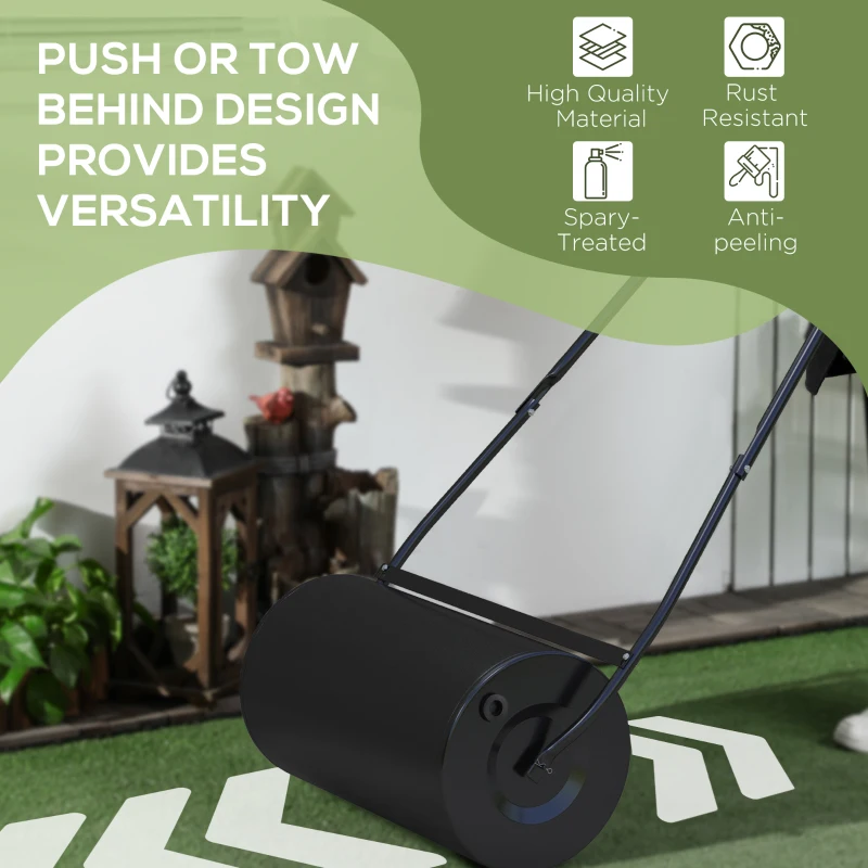 Outsunny 22" Push/Tow Behind Lawn Roller, Heavy Duty Sod Drum Roller Filled with 12 Gal Water/Sand, Grass Flattener for Yard, Patio, Park, Black