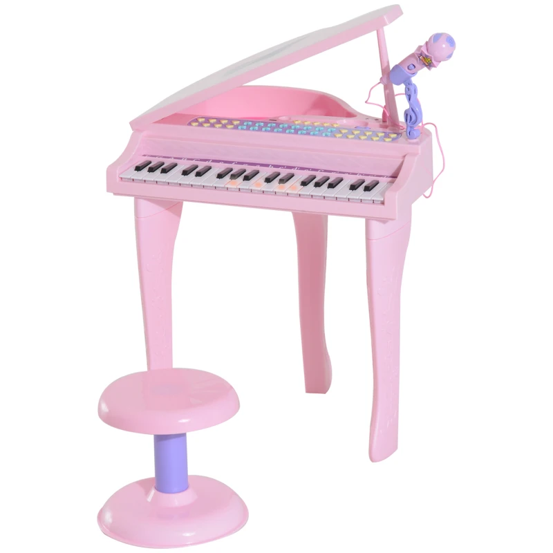 Qaba Mini Electronic Musical Piano 37 Key Keyboard Multifunction Kids Toy with Microphone Stool (Pink)