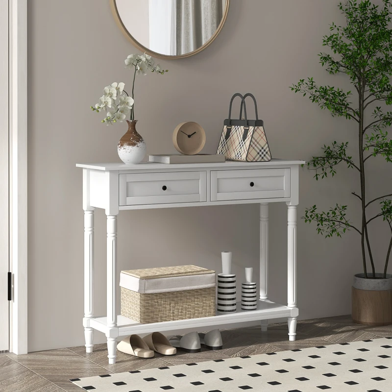 HOMCOM Hallway Console Table, Modern Entryway Table with 2 Drawers, Storage Shelf, Turned Legs for Living Room, Bedroom, White