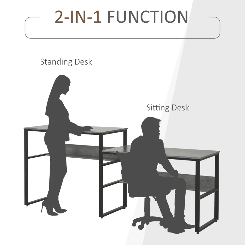HOMCOM 86.5 Inch Two Person Desk Double Computer Table Writing Desk with Open Shelves Long Storage Workstation for Home Office Gray
