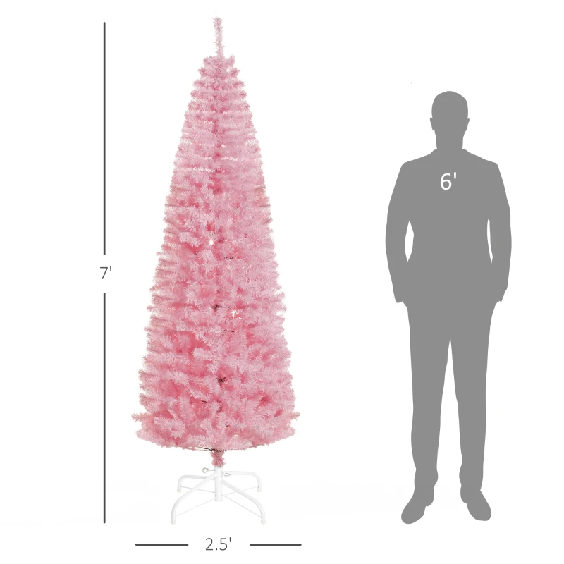 HOMCOM 7' Artificial Christmas Tree Douglas Fir Pencil Christmas Tree with 818 Realistic Branch Tips, Pink