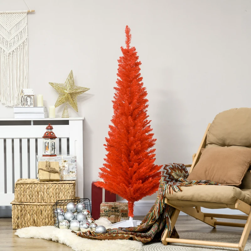 HOMCOM 5FT Decorated Christmas Tree, Pencil Christmas Tree with 294 Realistic Branch Tips and Plastic Stand, Red