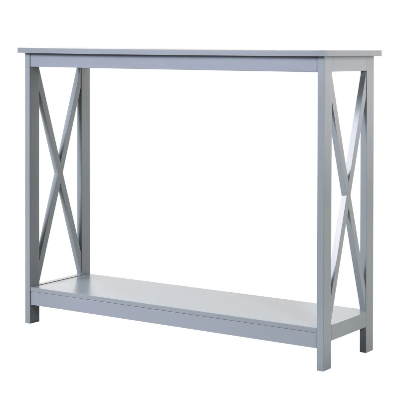 HOMCOM 2 Tier X-Design Console Table Sofa Side Table w/Storage Shelf for Living Room Entryway, Grey