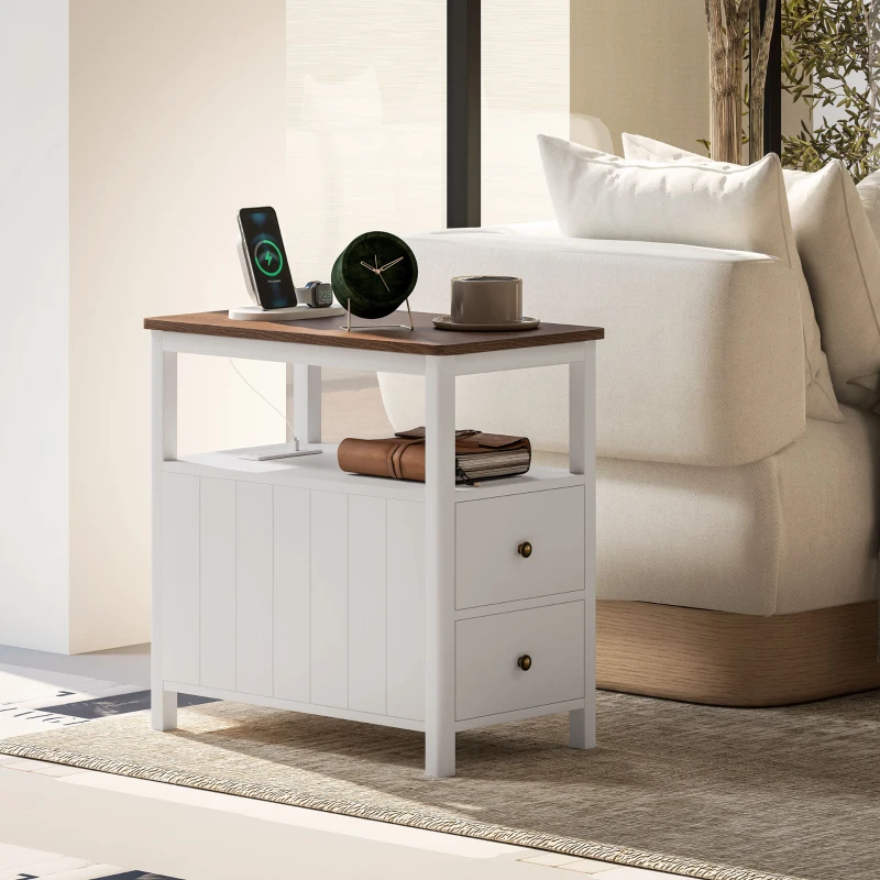 HOMCOM Side Table with Charging Station and USB Ports, Narrow End Table with Drawers, Shelf for Living Room, White