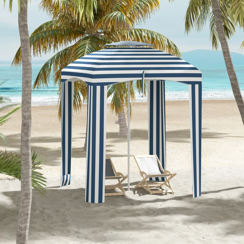 Outsunny 5.8' x 5.8' Cabana Umbrella for Travel, Walls, Vents, Ruffles, Carry Bag, Beach Umbrella, Blue & White Stripe