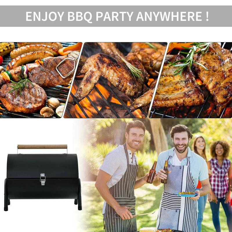 Outsunny Portable Outdoor Charcoal BBQ Grill, Tabletop Folding Barbecue Grill BBQ Heat Smoker with Handle, Black
