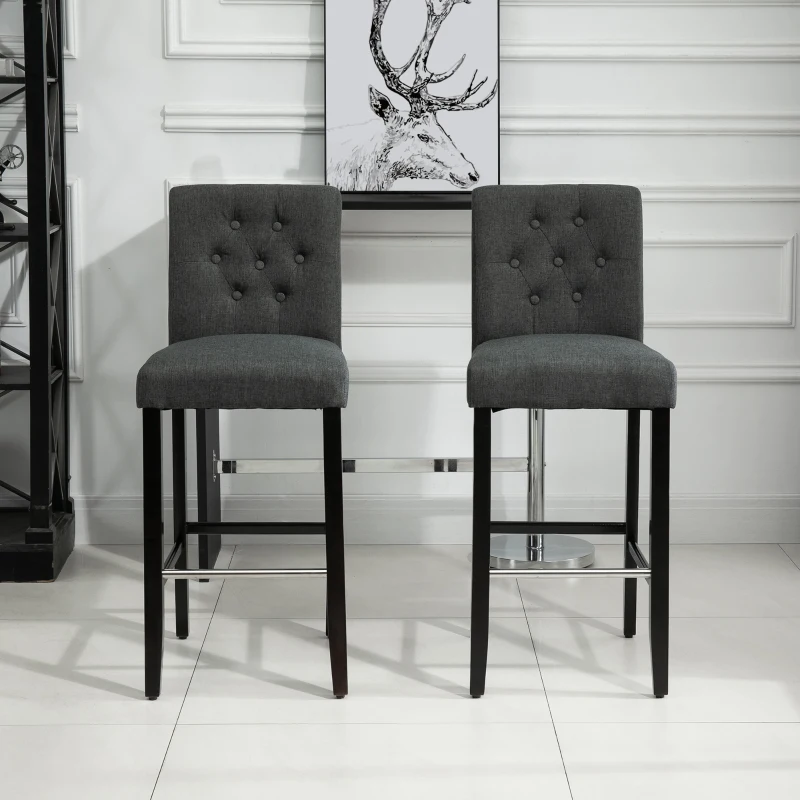 HOMCOM 2 Piece Bar Height Barstools, 30 Inches Linen Upholstered Breakfast Stools, Bar Chairs with Back, Footrest and Solid Wood Leg, Armless Seat for Kitchen, Dining Room, Grey