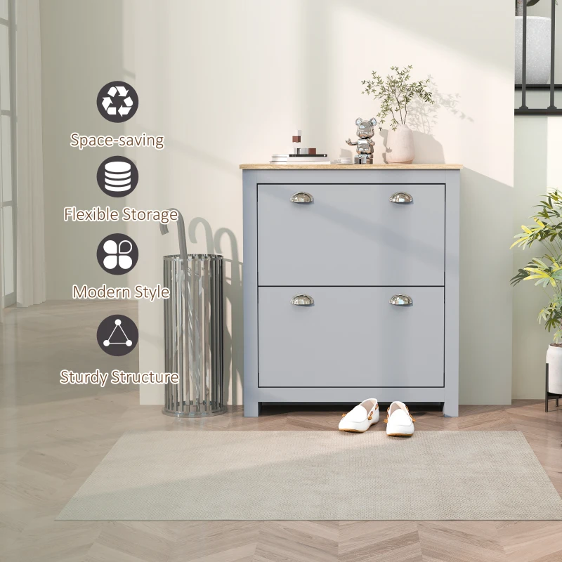 HOMCOM Entryway Shoe Cabinet with 2 Flip Drawers and Adjustable Shelves, 12 Pair Shoe Storage Organizer for Hallway, Grey