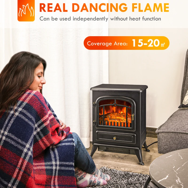 HOMCOM Fireplace Stove, Electric Fireplace Heater with Realistic LED Flames and Logs, 725W/1450W, Black