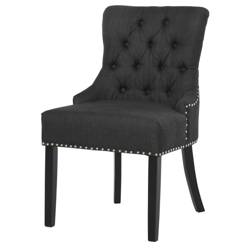 HOMCOM Swoop Air Linen Fabric Dining Chair with Nailhead Trim and Wood Legs, Dark Grey