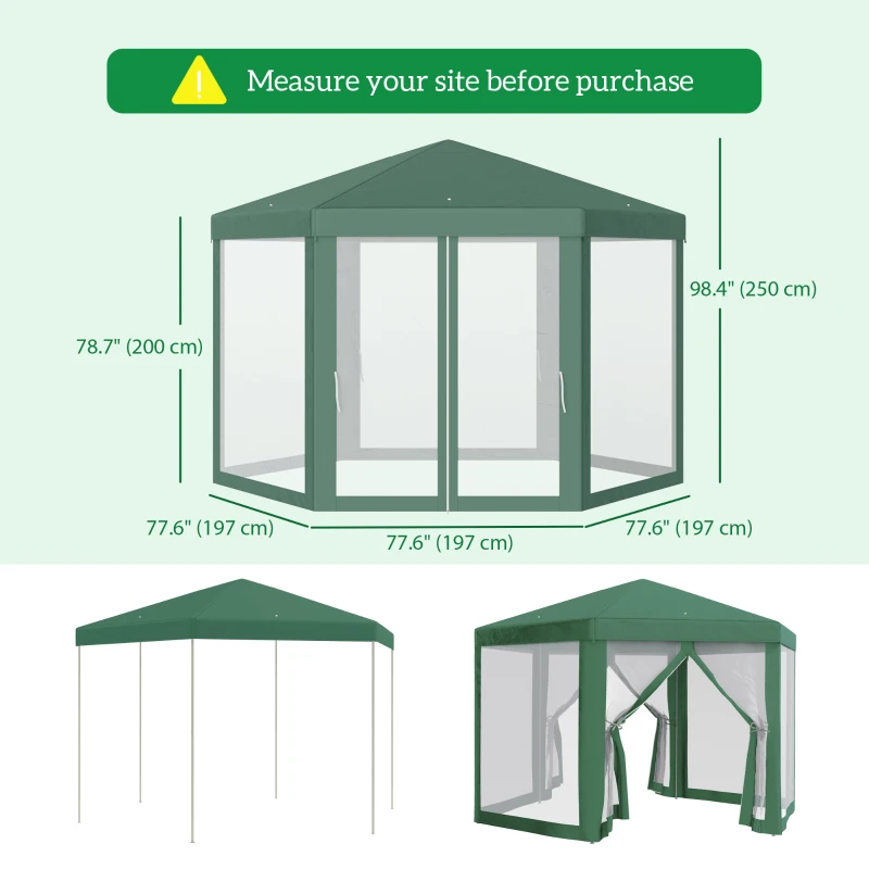 Outsunny Φ13' Hexagon Party Tent Patio Gazebo Outdoor Activity Event Canopy Quick Sun Shelter Pavilion with Netting Mesh Sidewall Green
