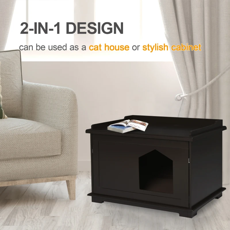 PawHut Wooden Cat Litter Box Enclosure Furniture Style Kitten Washroom with Rotated Door End Table Hideaway, Brown